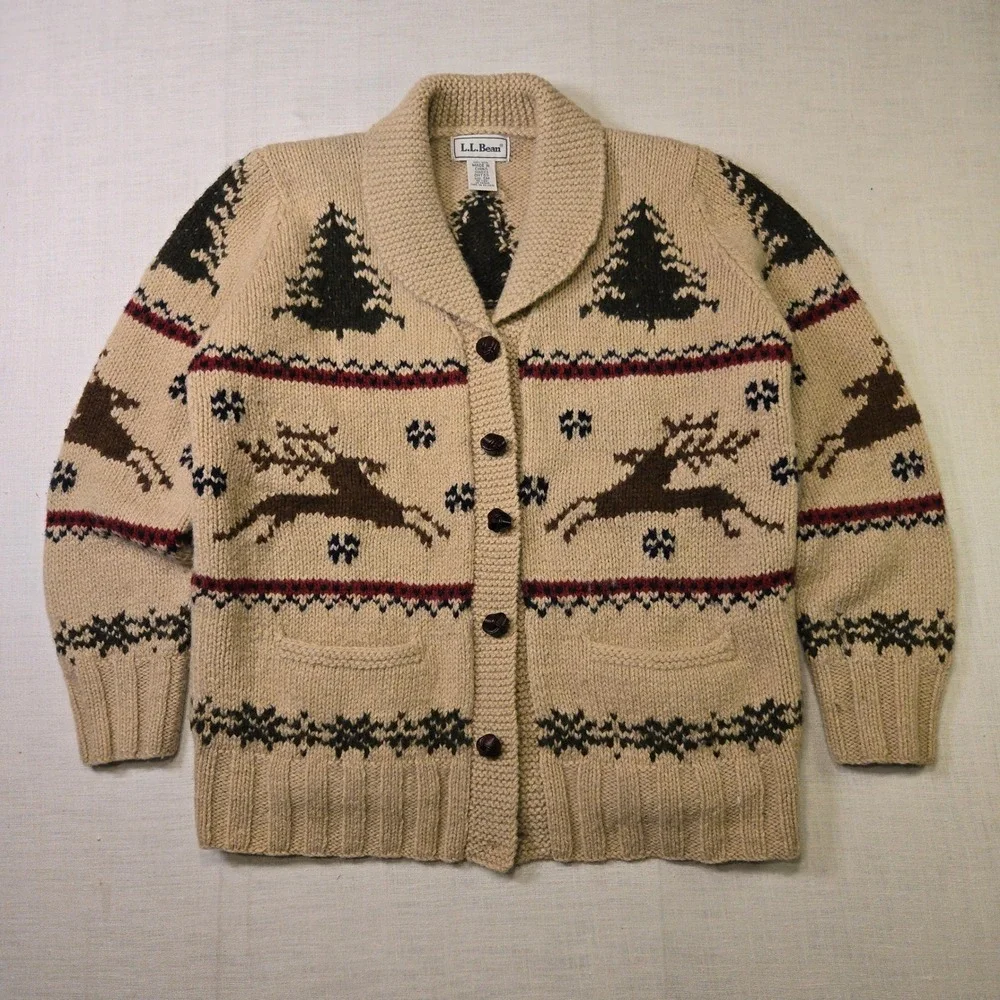 VTG L.L. Bean Reindeer Wool Cardigan Sweater Tan Women Small Shawl Collar Pocket
